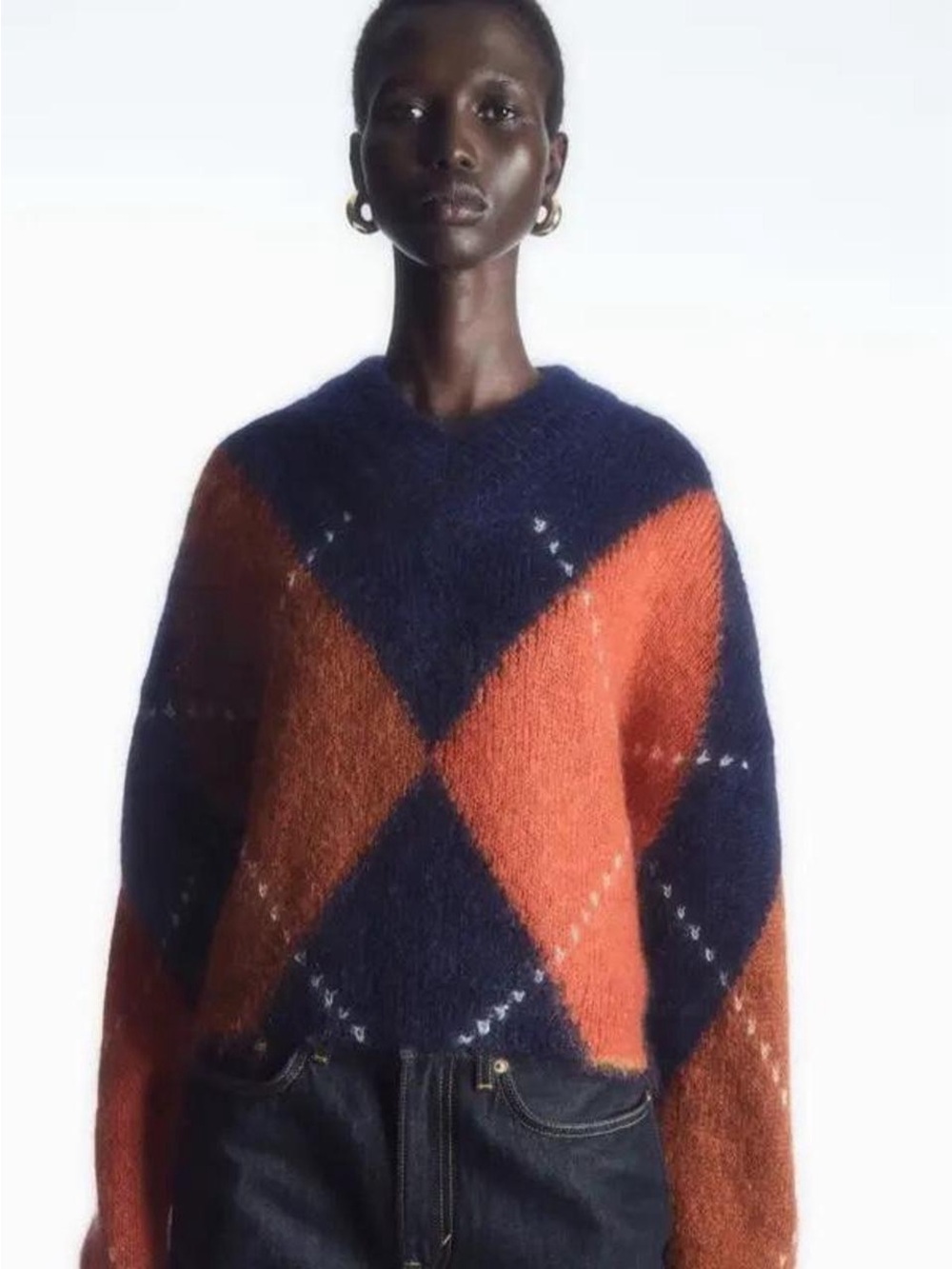 COS Navy Orange Argyle Mohair Wool Fuzzy Cropped V Neck Sweater Sz XS